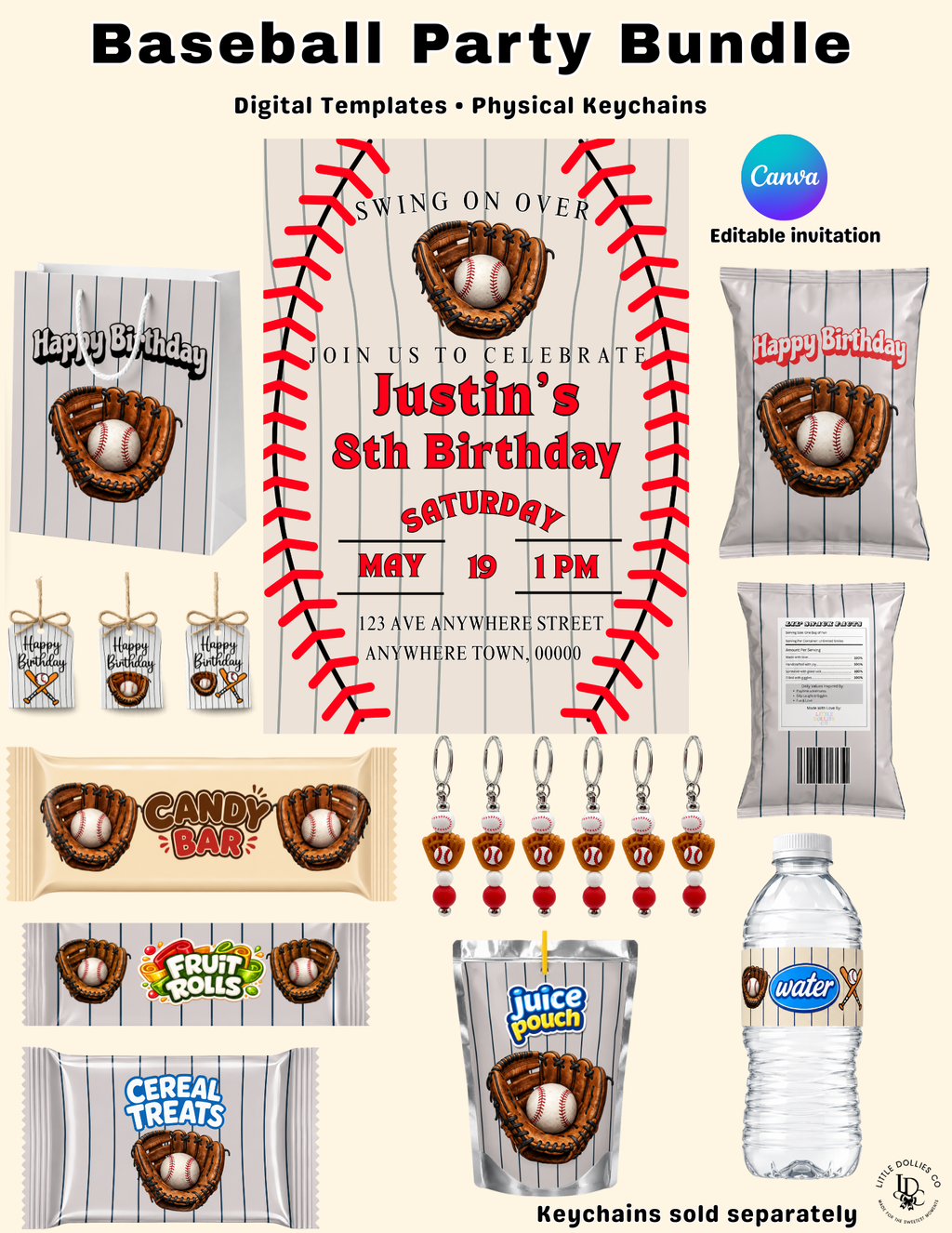 Baseball Birthday Invitation & Party Favor Bundle Templates