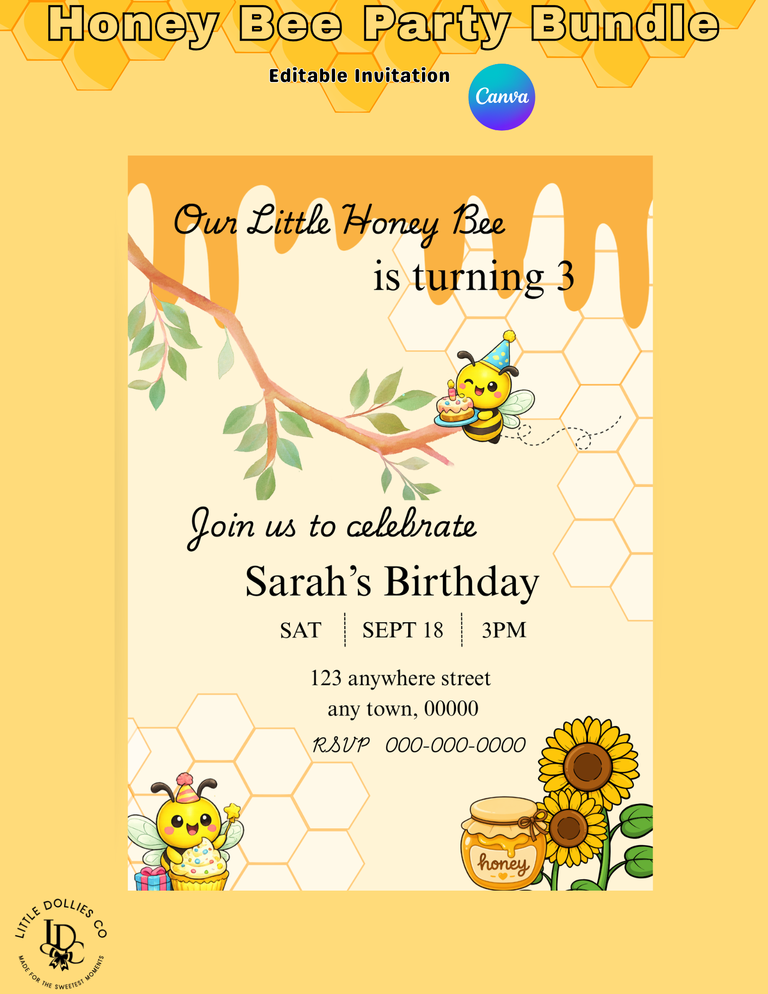 Our Little Honey Bee Is Turning Three Birthday Invitation & Party Favor Bundle Templates