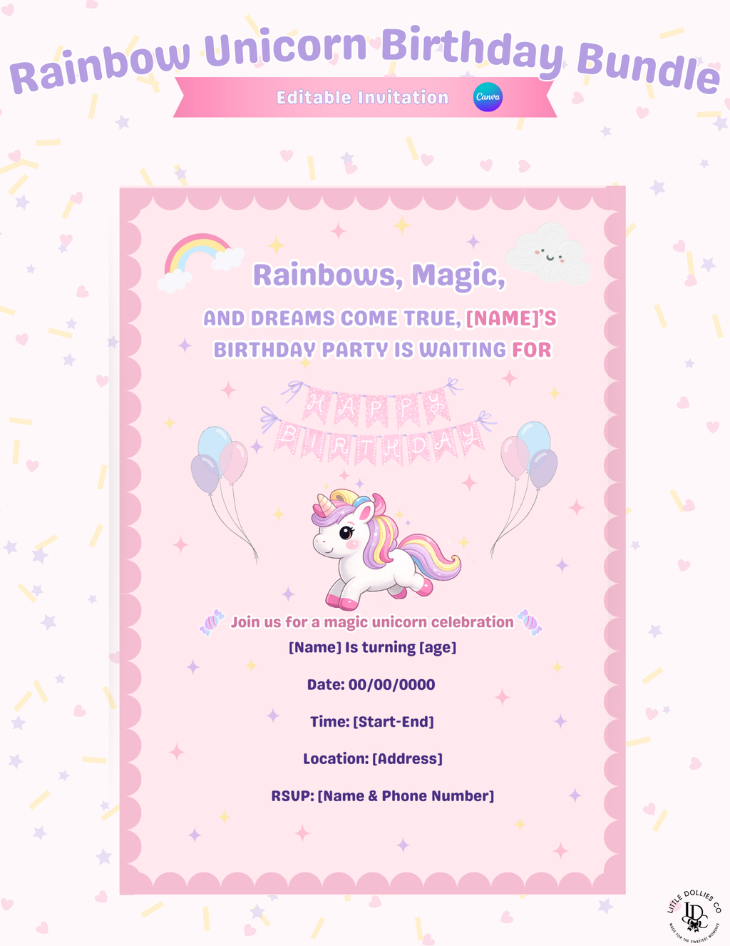Unicorn Birthday Invitation & Party Favor Bundle Templates
