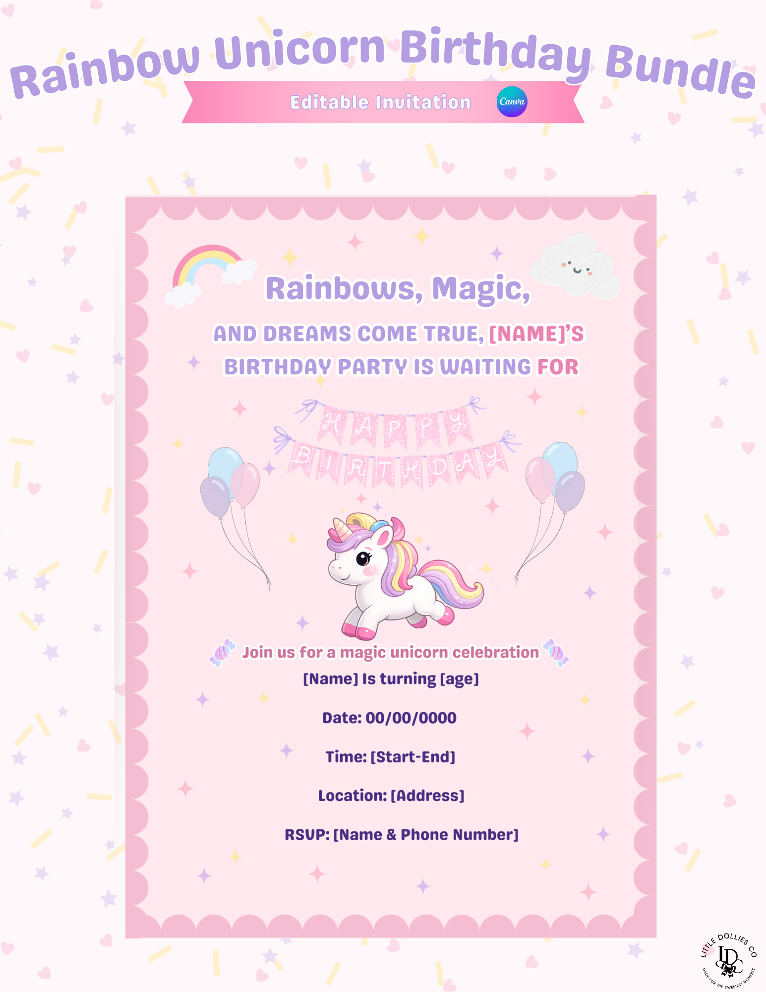 Unicorn Birthday Invitation & Party Favor Bundle Templates