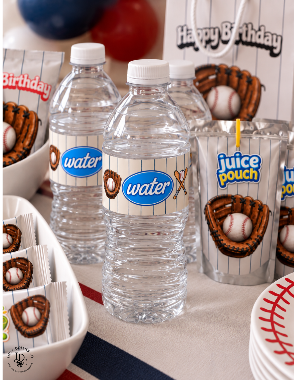 Baseball themed water bottle labels featuring a baseball in a mit, 2 baseball bats and a generic water logo 