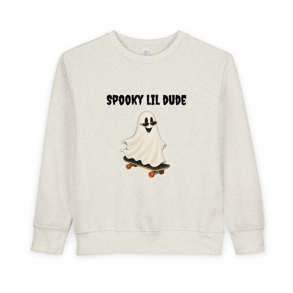 Beige Spooky Lil Dude toddler Halloween sweater featuring a ghost riding a skateboard and “Spooky Lil Dude” lettering on the front.