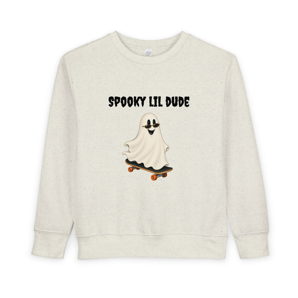 Beige Spooky Lil Dude toddler Halloween sweater featuring a ghost riding a skateboard and “Spooky Lil Dude” lettering on the front.