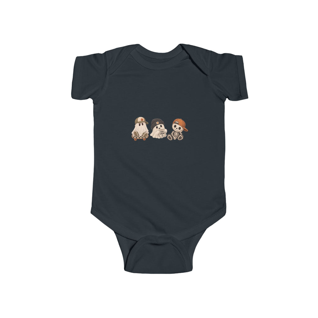 Black Boo Crew baby Halloween onesie with adorable ghost and skeleton character design