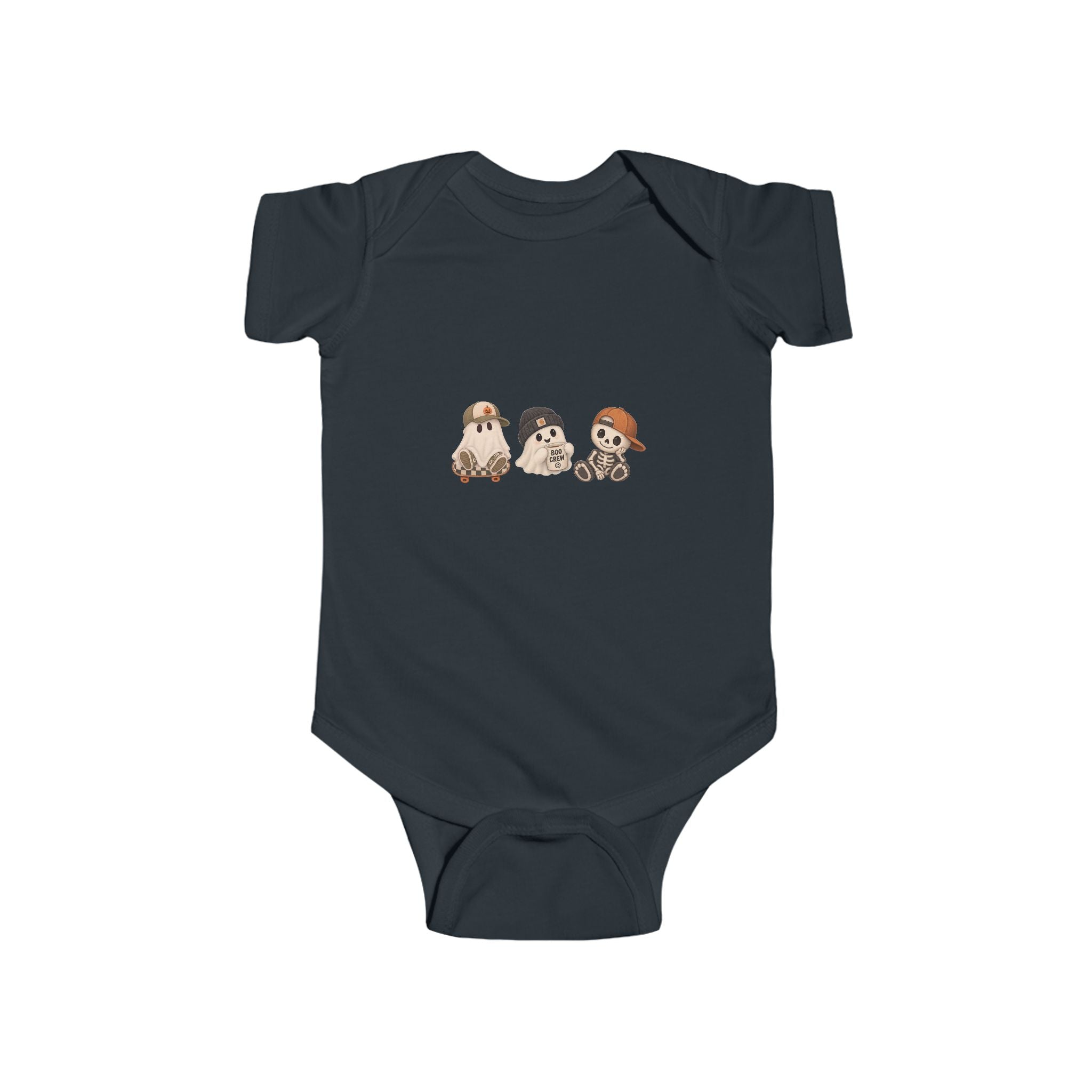 Black Boo Crew baby Halloween onesie with adorable ghost and skeleton character design
