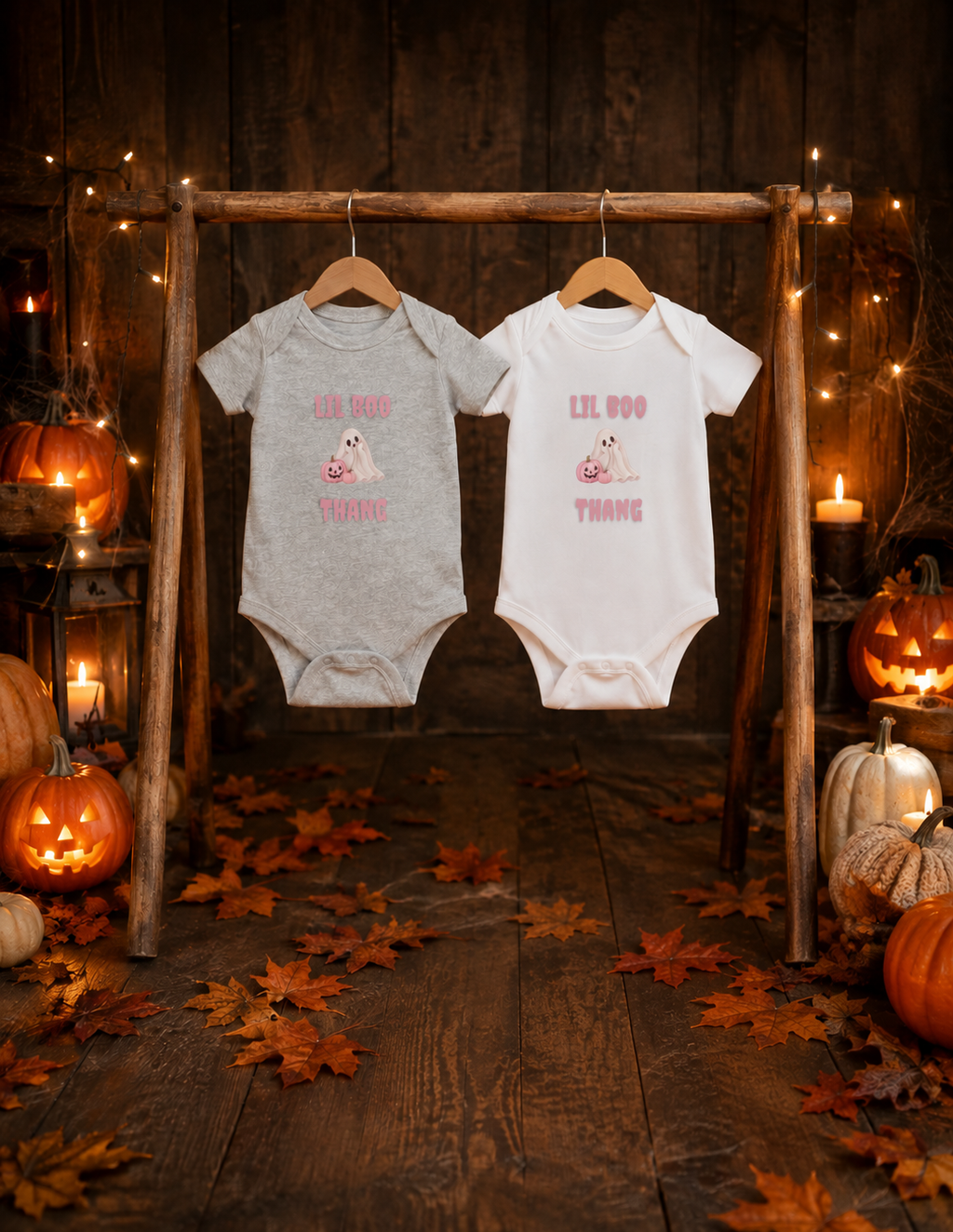 Boo Thang baby Halloween onesies in grey and white featuring pink ghost and pumpkin design on a rustic Halloween backdrop