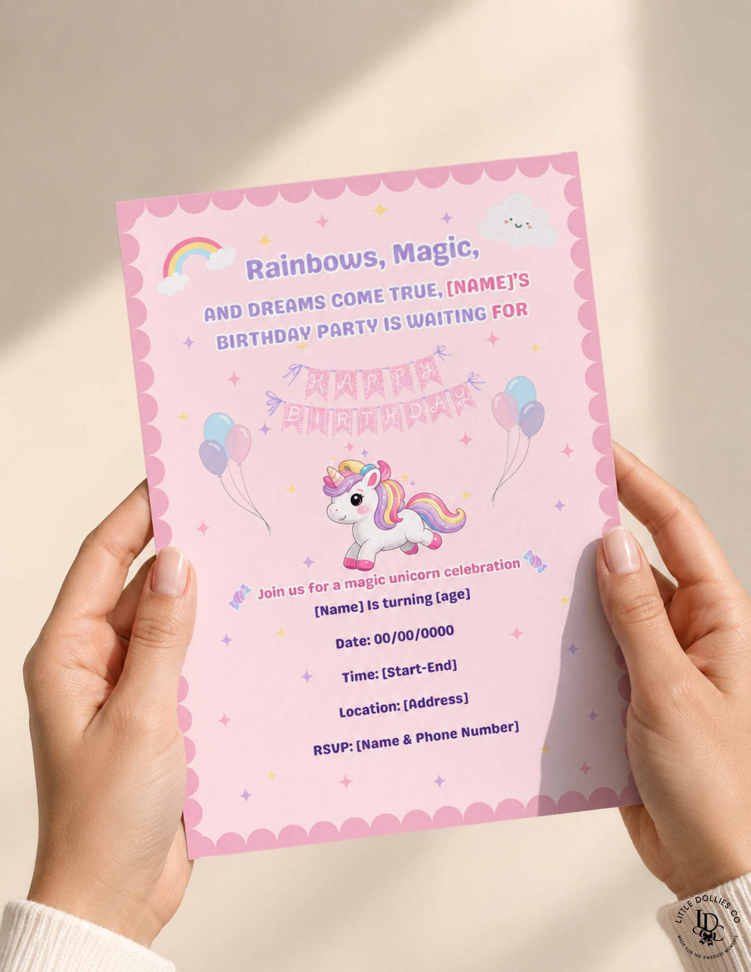 Unicorn Birthday Invitation & Party Favor Bundle Templates