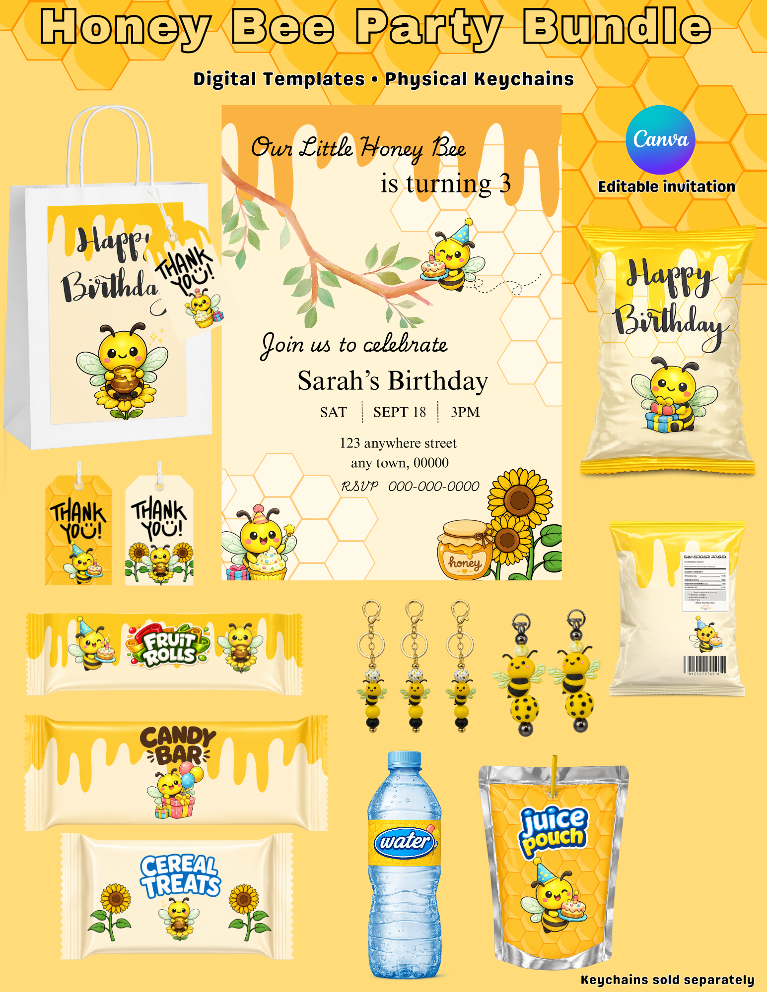 Our Little Honey Bee Is Turning Three Birthday Invitation & Party Favor Bundle Templates