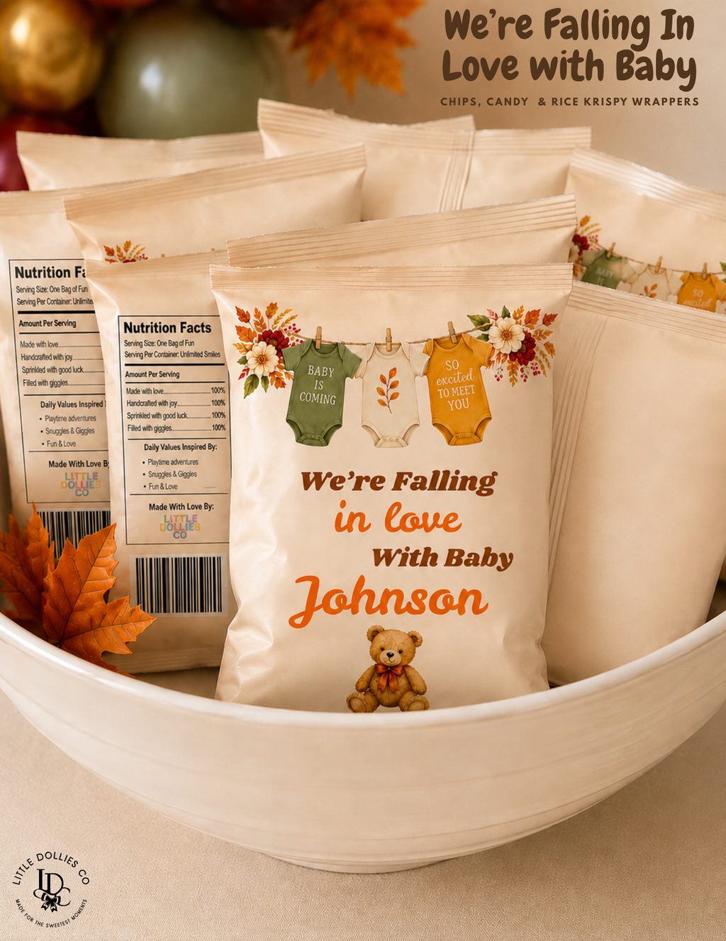 Personalized chip bag wrappers for custom baby shower party favors