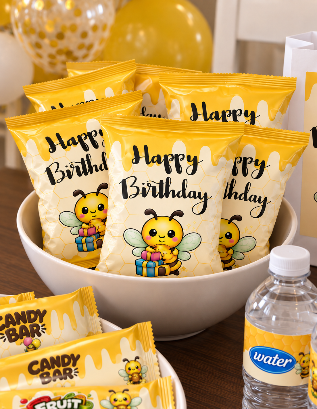 Custom 1 oz chip bag wrapper designed for a personalized birthday party