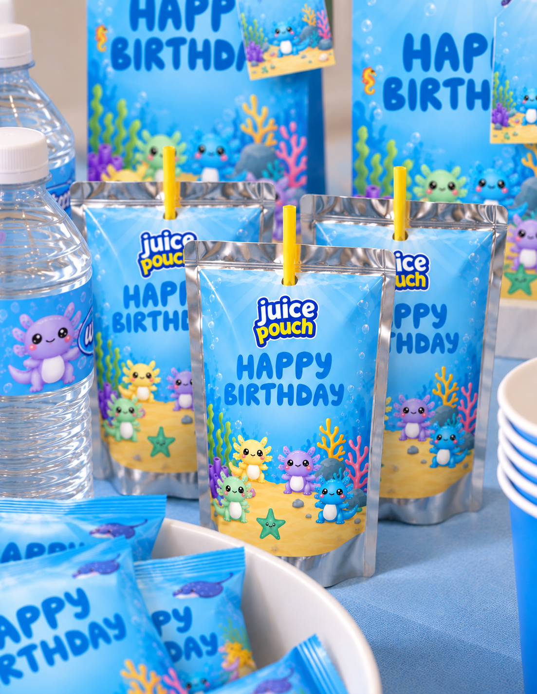 Custom Capri Sun labels featuring personalized colors, theme, and event details