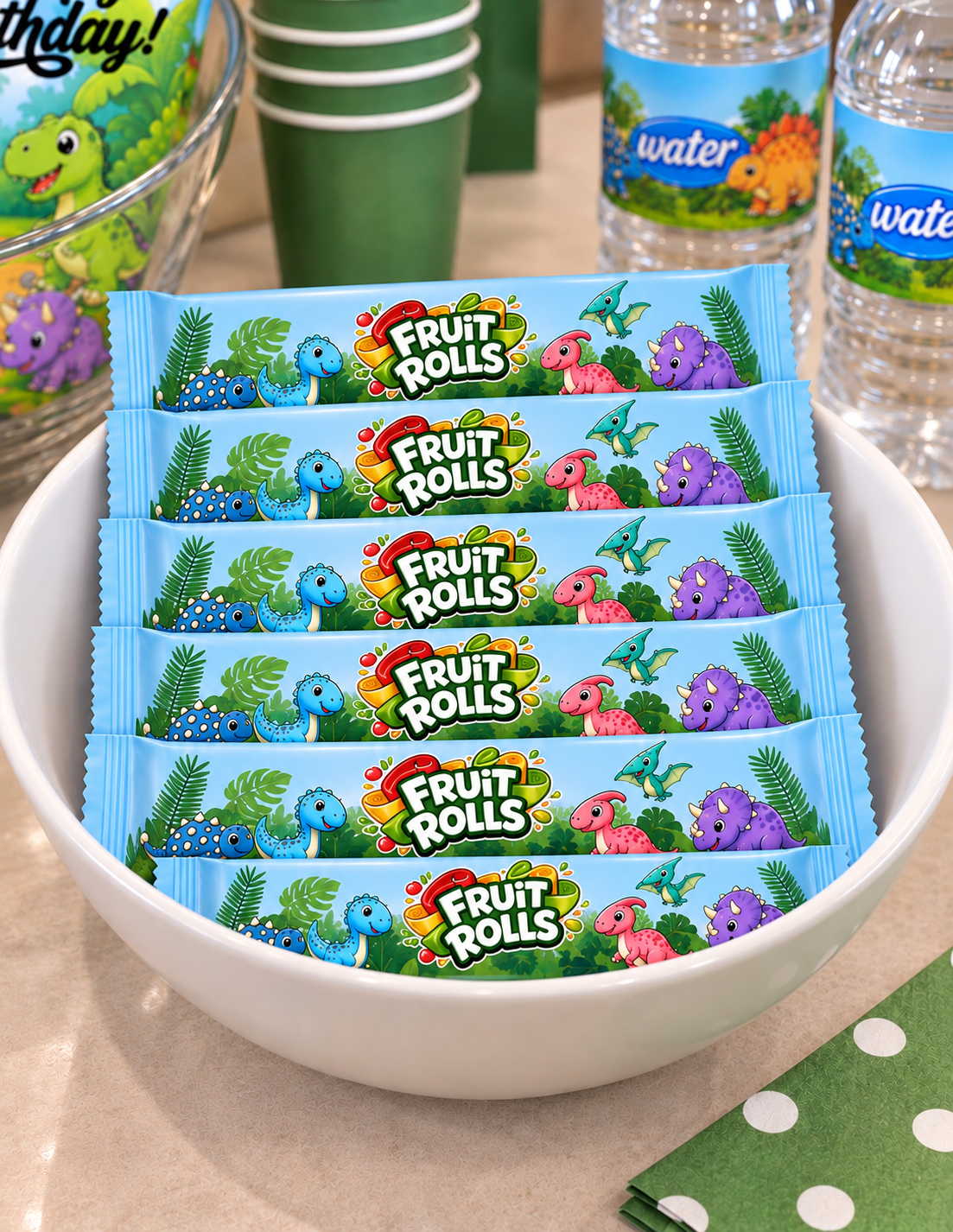 Custom Fruit Roll-Ups wrapper designed to coordinate with a themed celebration