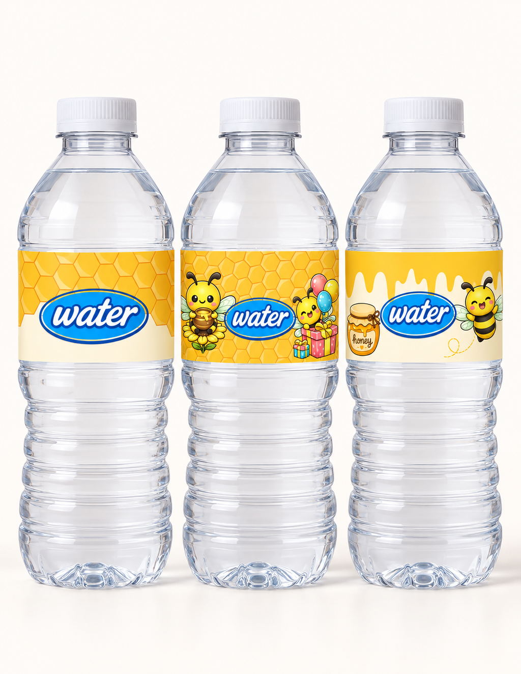 Custom bee themed water bottle labels Featuring bees holding a birthday present & a pot of honey with generic water logo 