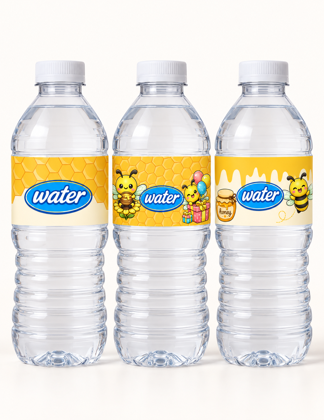 Custom bee themed water bottle labels Featuring bees holding a birthday present & a pot of honey with generic water logo 