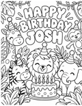 Custom coloring page featuring personalized birthday and themed illustrations