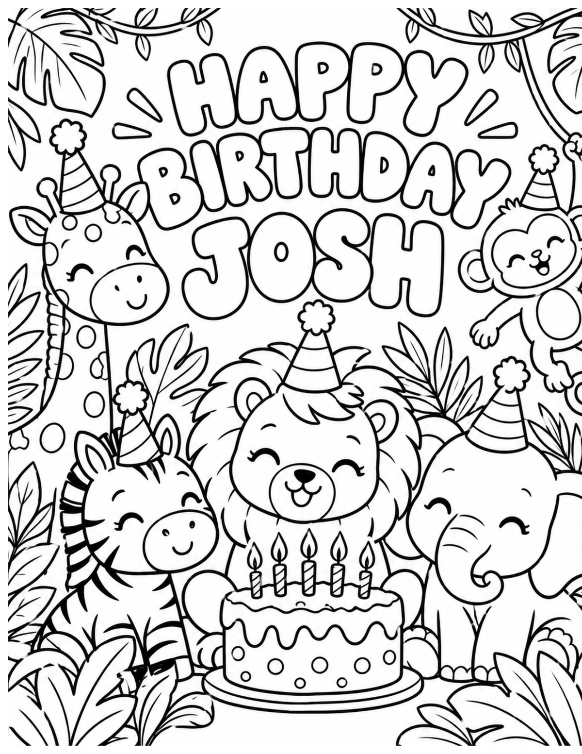 Custom coloring page featuring personalized birthday and themed illustrations