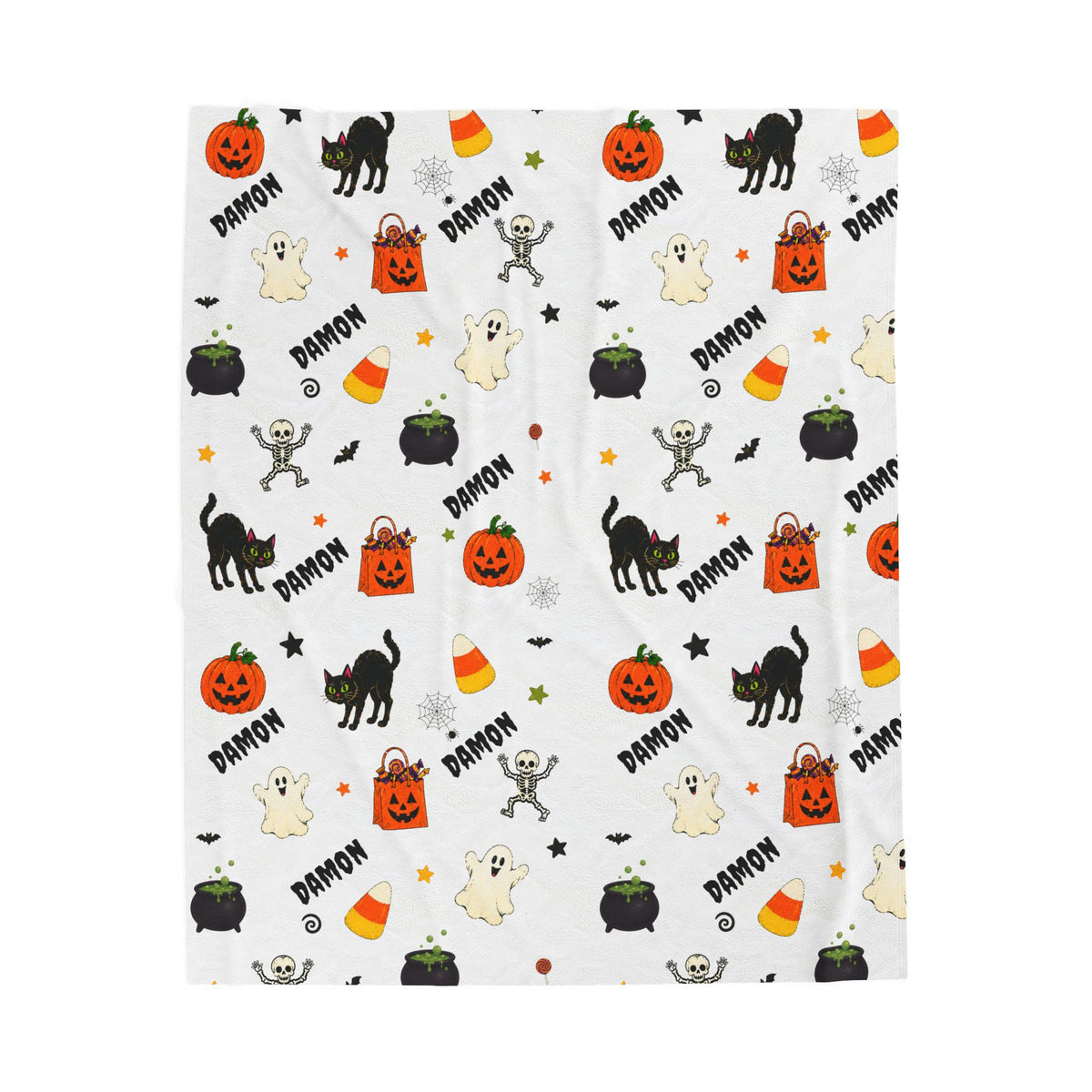 Custom name Halloween blanket featuring spooky pumpkins, ghosts, skeletons and candy corn In white
