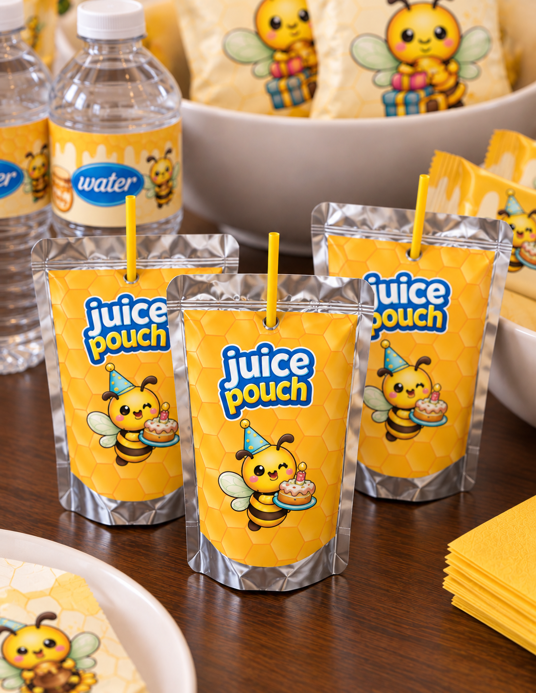 Custom party drink labels designed to coordinate with your event theme