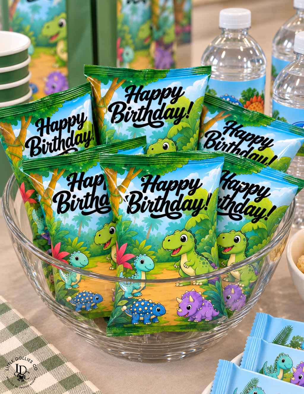 Custom party favor chip bag wrapper designed to match an event theme