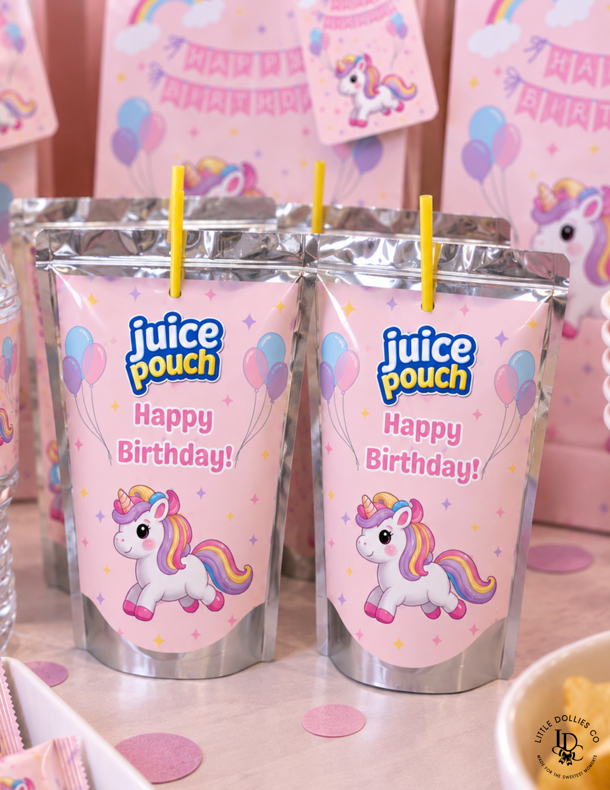 Custom personalized Capri Sun labels designed to match a birthday party theme