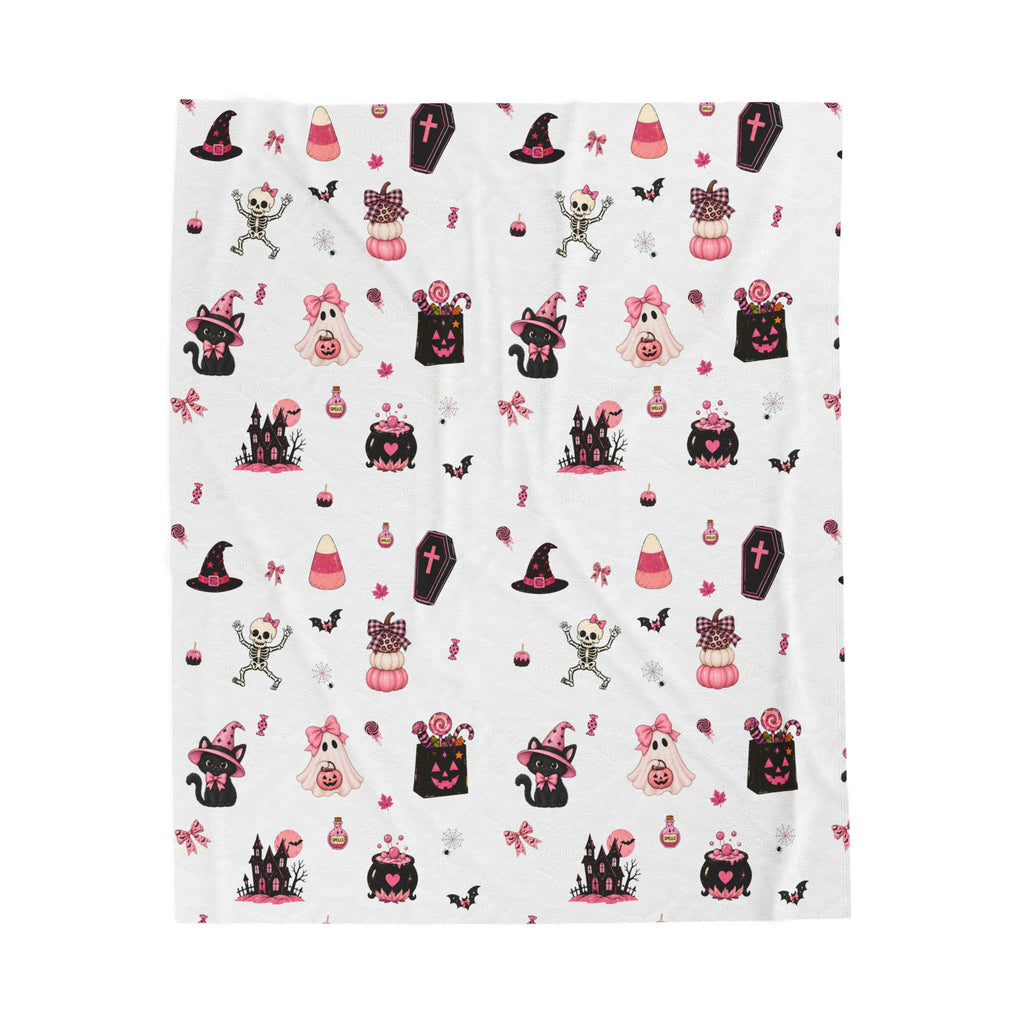 Cute Halloween blanket in white with pink and black spooky characters, pumpkins, ghosts and Halloween decorations