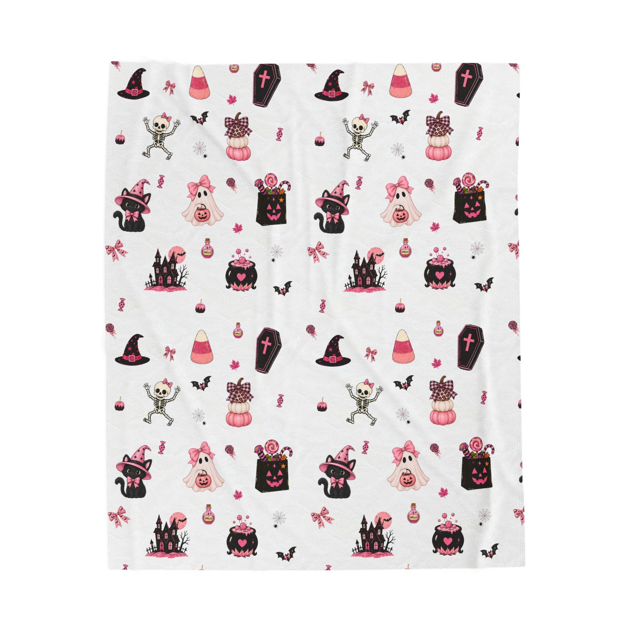 Cute Halloween blanket in white with pink and black spooky characters, pumpkins, ghosts and Halloween decorations