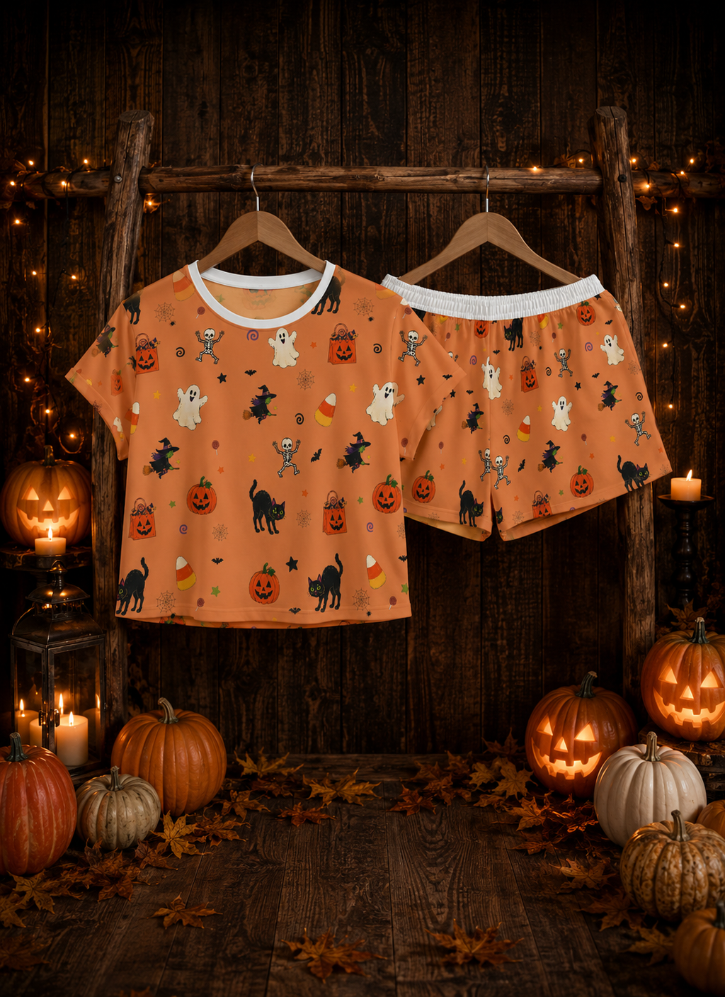 Cute Halloween pajamas for women featuring an orange spooky Halloween print