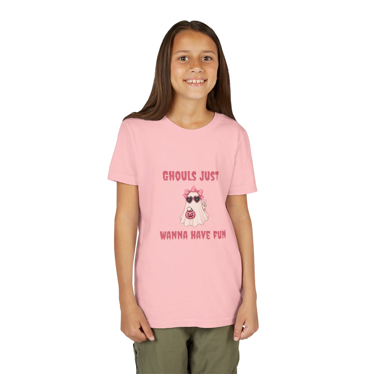 Cute Halloween shirt for kids shown on a girl wearing a pink ghost Halloween tee.