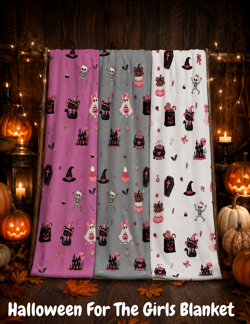 Cute Halloween blanket in white with pink and black spooky characters, pumpkins, ghosts and Halloween decorations