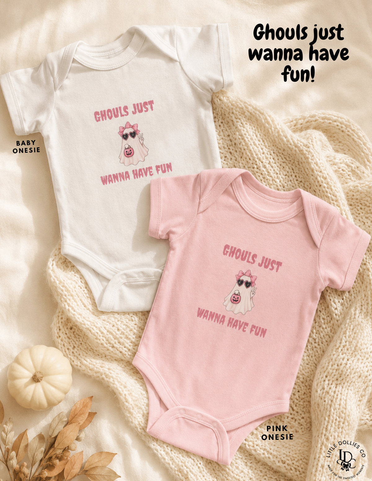 Cute ghost Halloween baby bodysuits in pink and white displayed together as a festive fall baby outfit.
