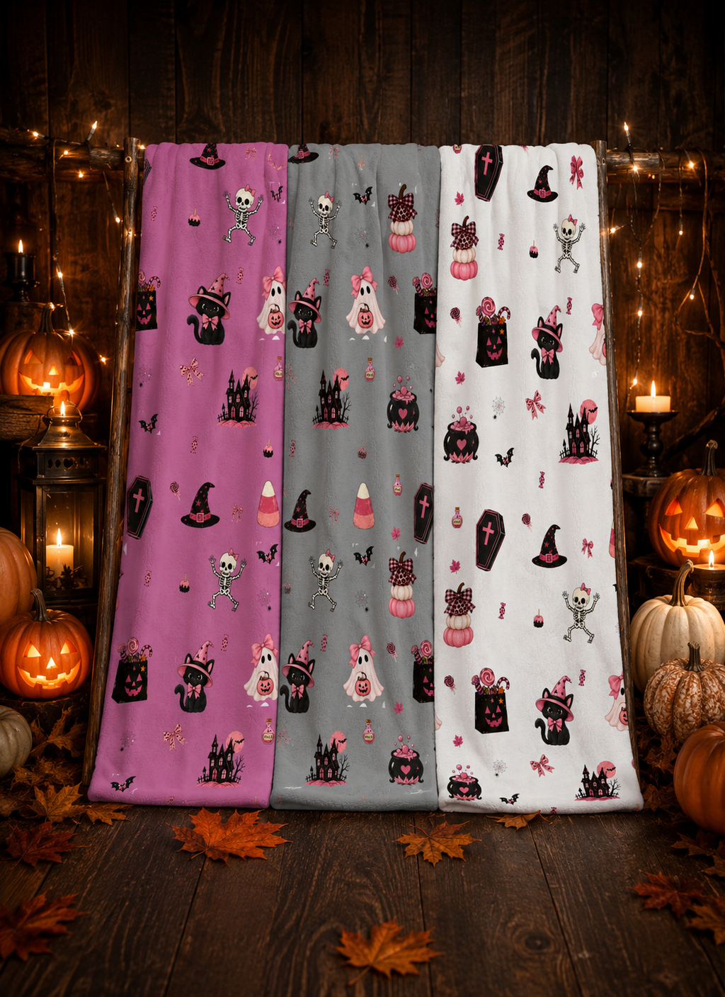 Cute Halloween blanket in white with pink and black spooky characters, pumpkins, ghosts and Halloween decorations