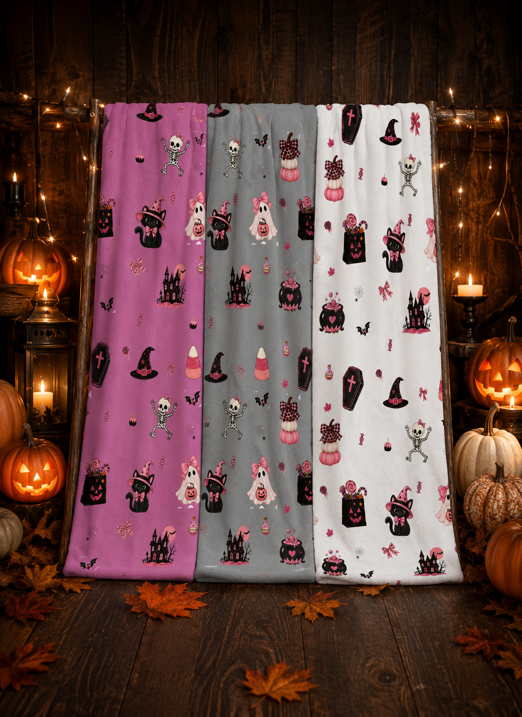 Cute Halloween blanket in white with pink and black spooky characters, pumpkins, ghosts and Halloween decorations