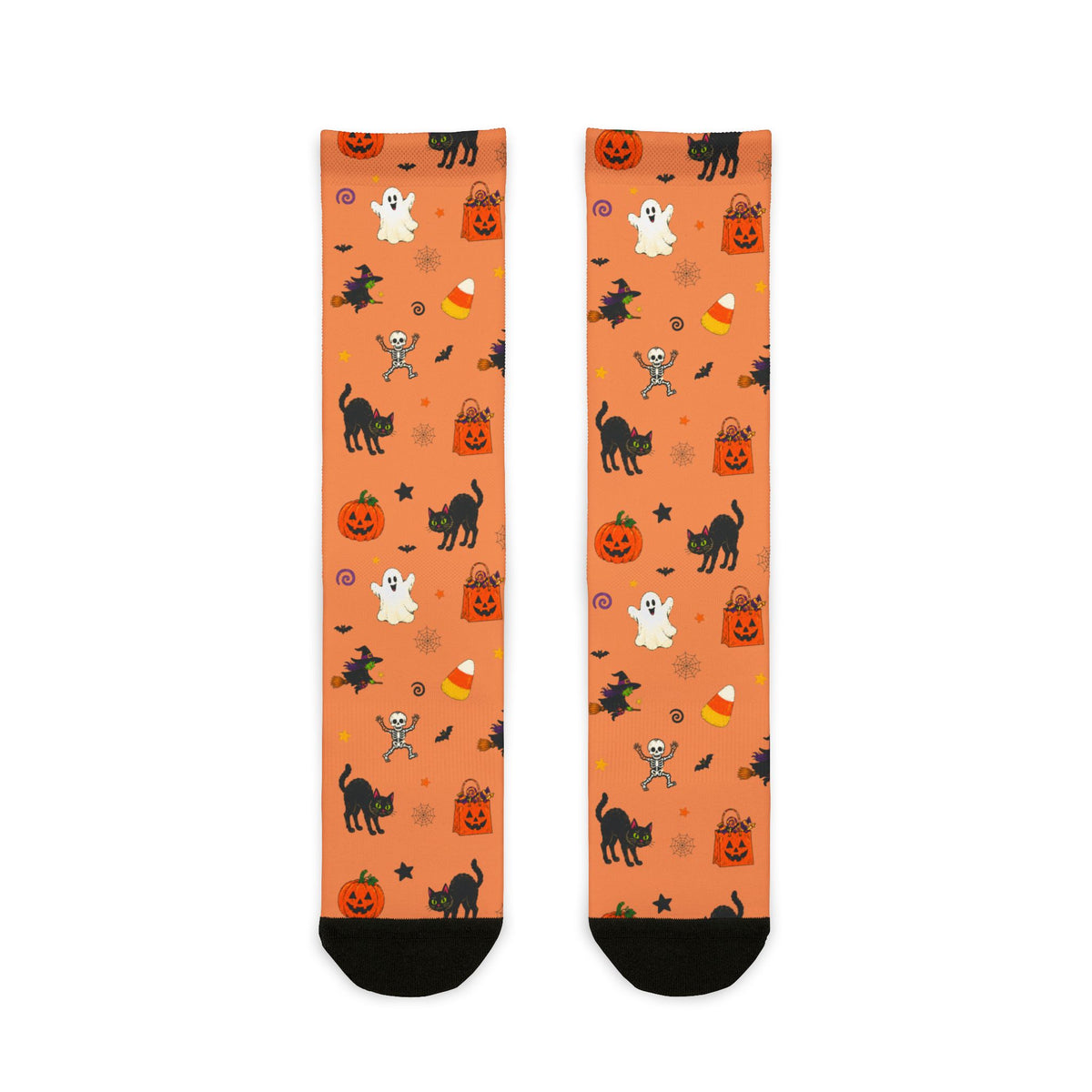Cute spooky socks featuring a Halloween pattern of pumpkins, witches, ghosts and bats