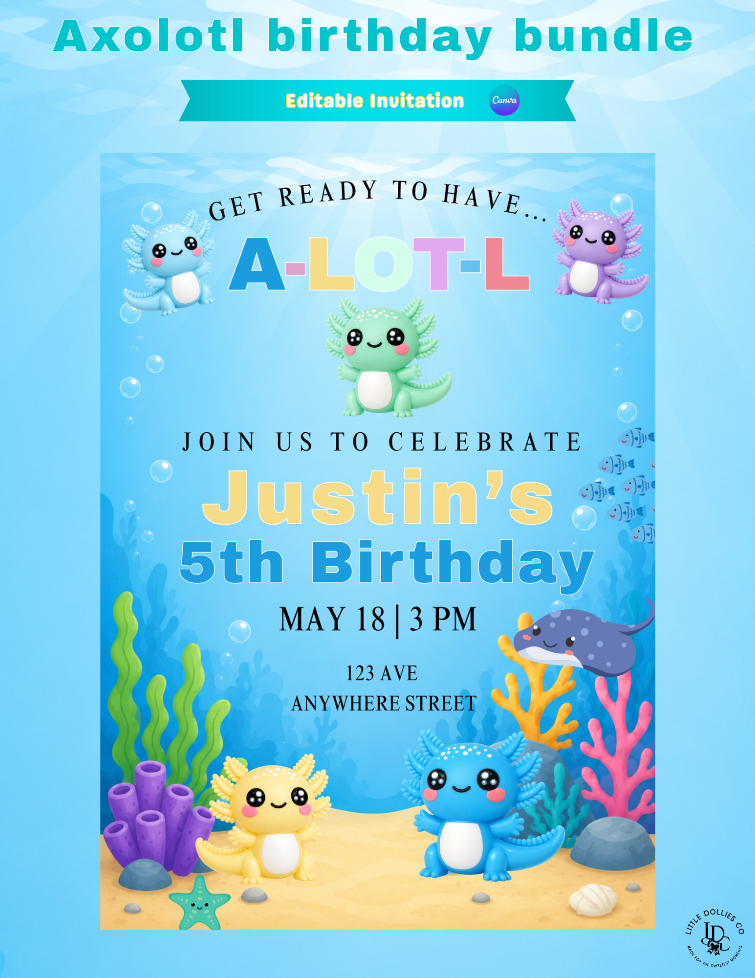 Axolotl Birthday Invitation & Party Favor Bundle Templates