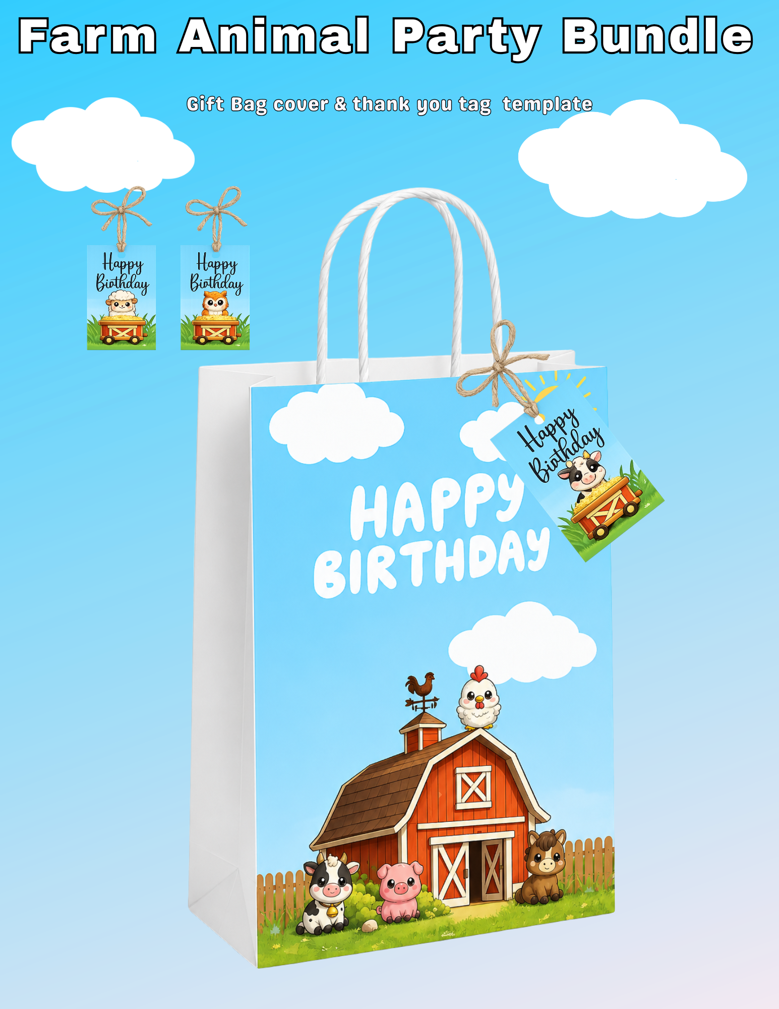 Farm Animal Birthday Invitation & Party Favor Bundle Templates