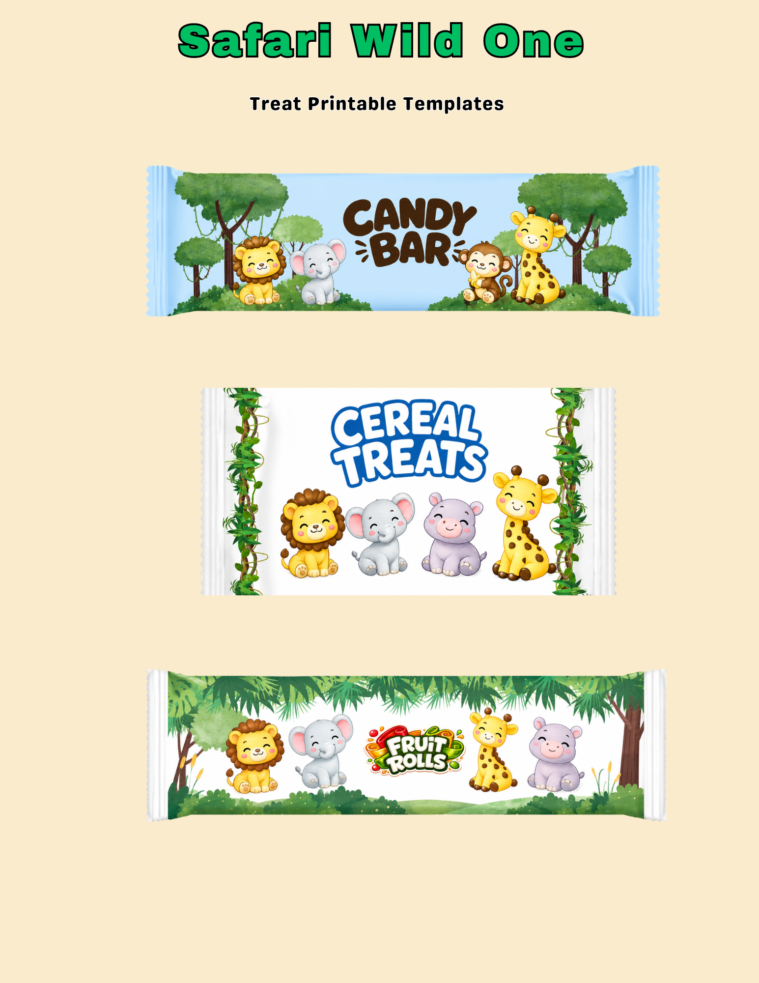 Safari Wild One Birthday Invitation & Party Favor Bundle Templates