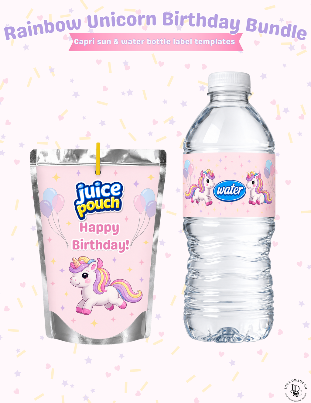 Unicorn Birthday Invitation & Party Favor Bundle Templates