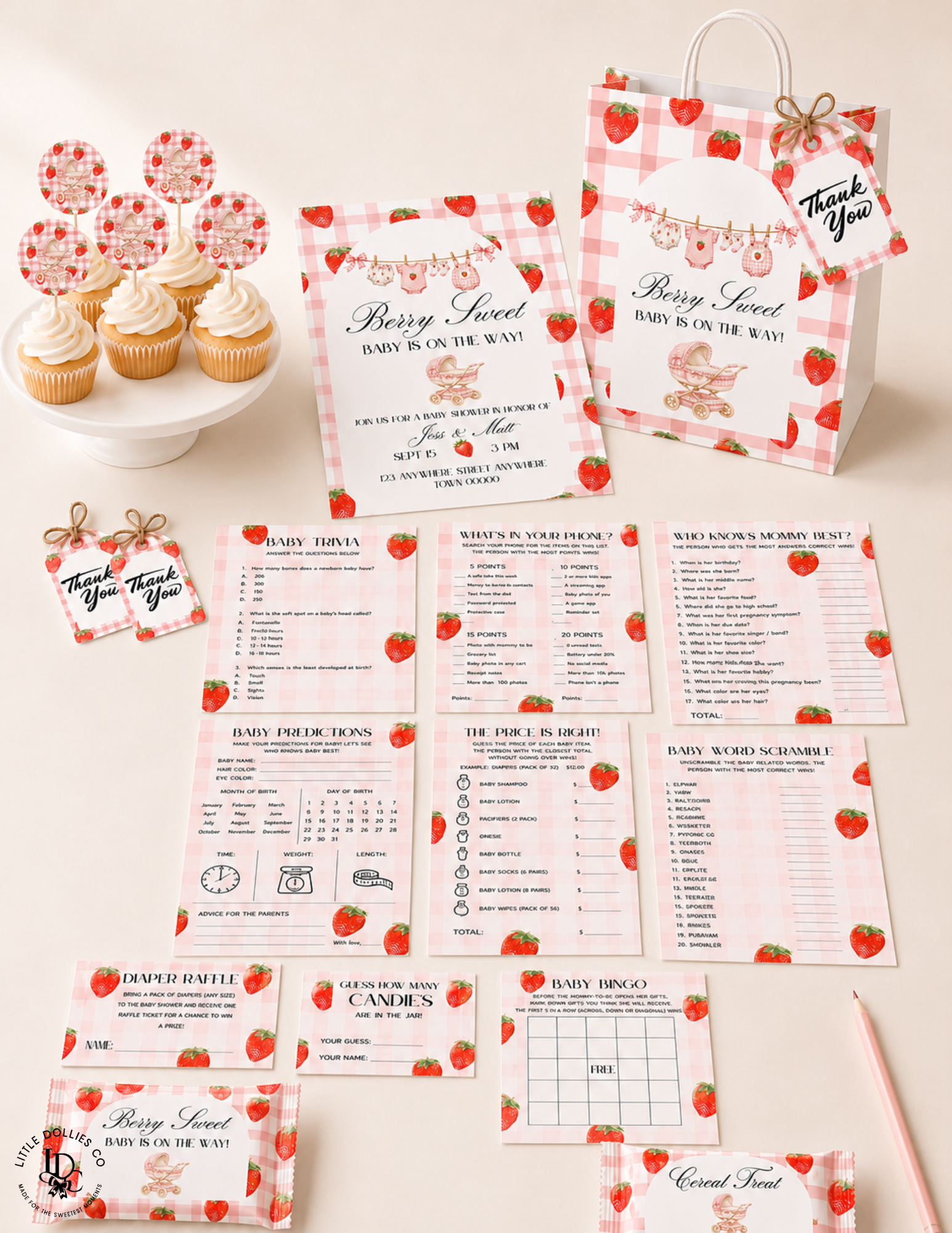 Berry Sweet Baby Shower Invitation, Decorations & Games Template Bundle