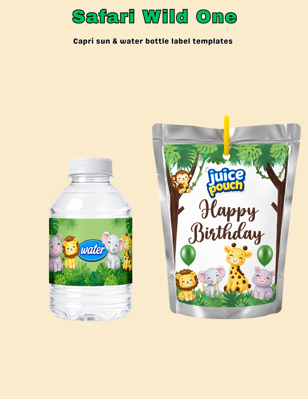Safari Wild One Birthday Invitation & Party Favor Bundle Templates