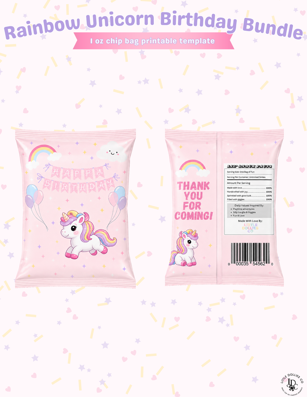 Unicorn Birthday Invitation & Party Favor Bundle Templates