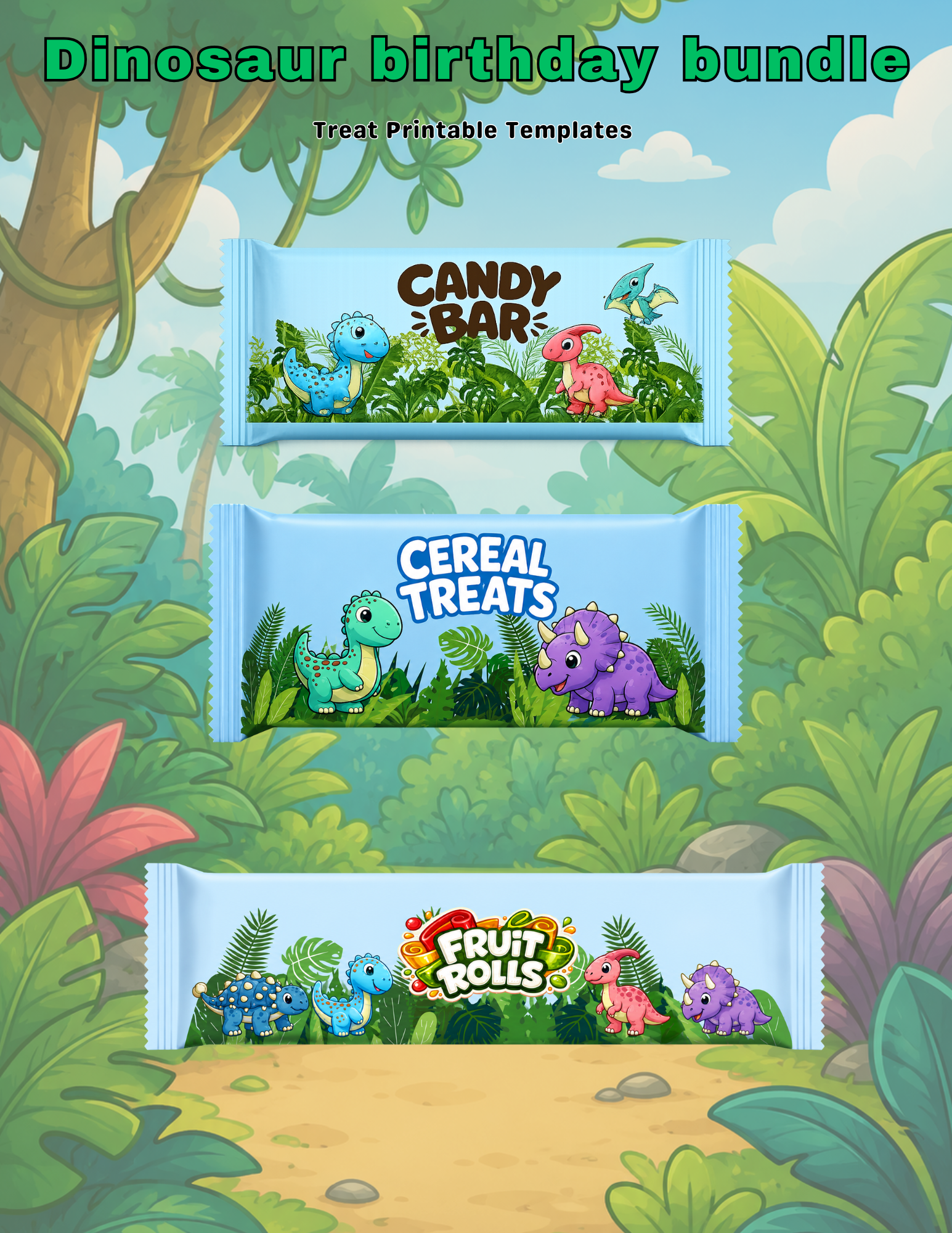 Dinosaur Birthday Invitation & Party Favor Bundle Templates