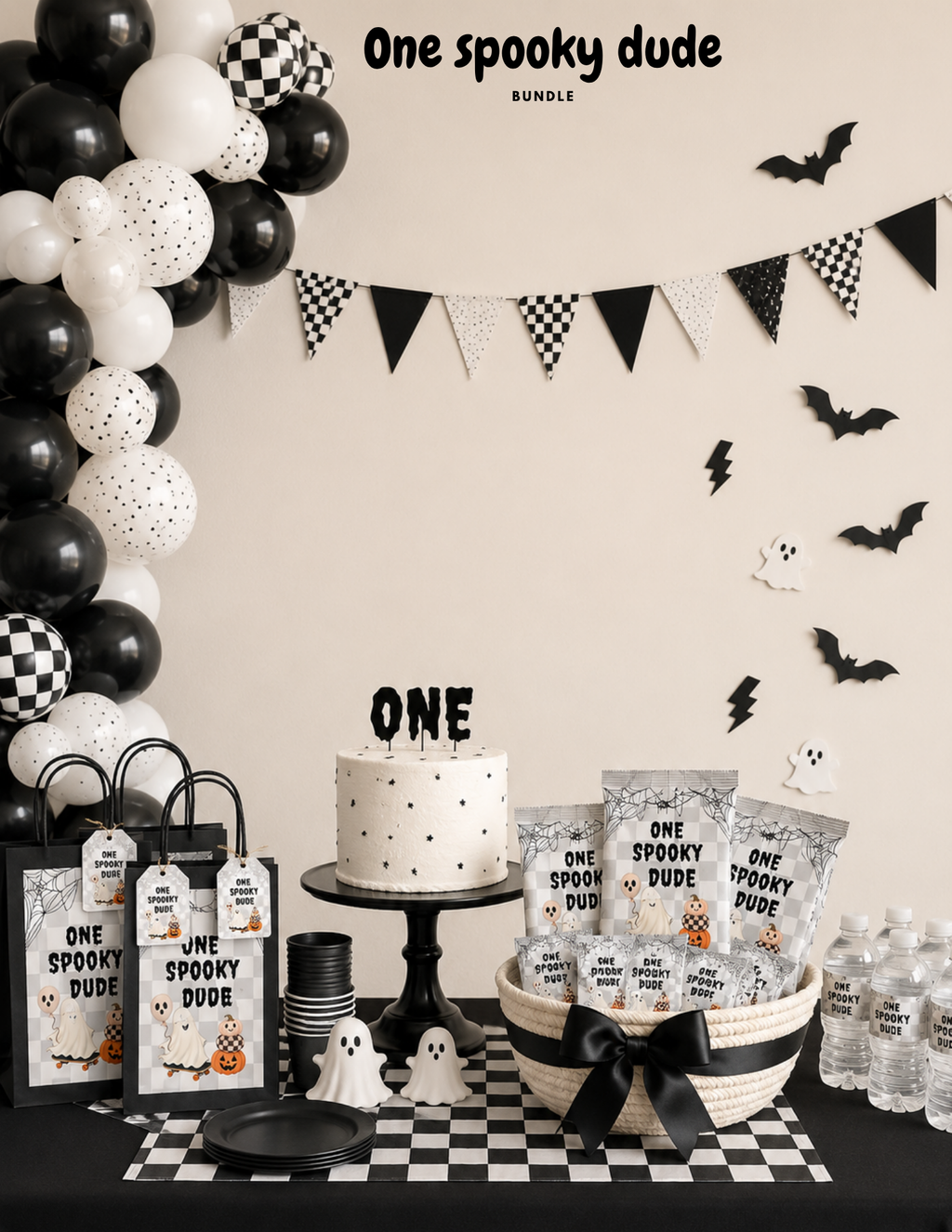 Editable Halloween first birthday party bundle with Canva invitation and coordinated printable party templates