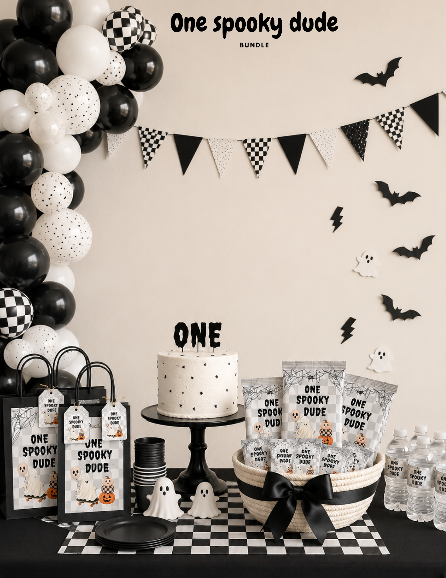 Editable Halloween first birthday party bundle with Canva invitation and coordinated printable party templates
