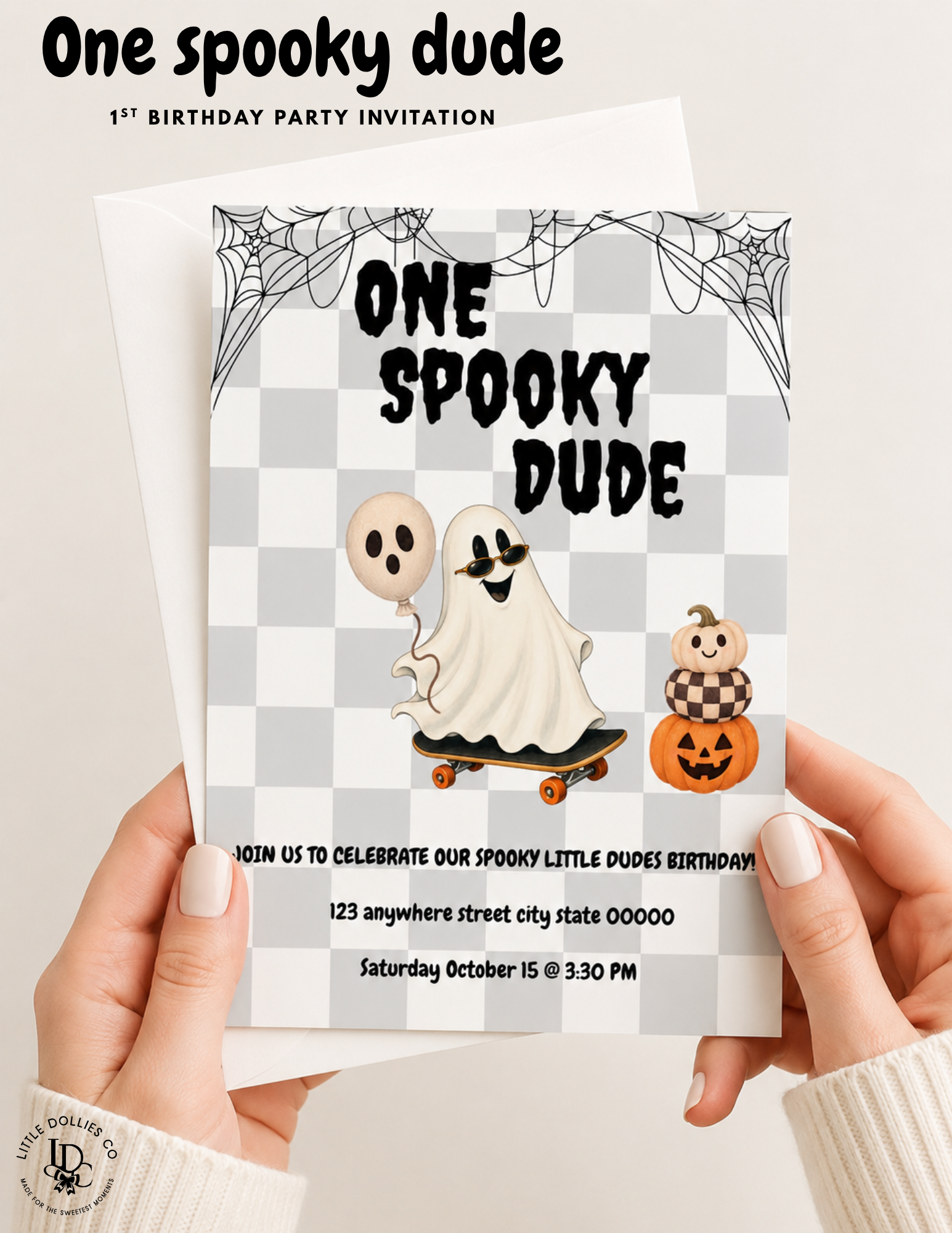 Editable One Spooky Dude Halloween first birthday invitation template Canva