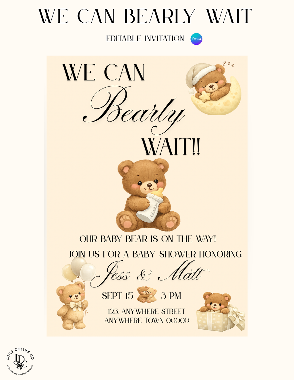 We Can Bearly Wait Baby Shower Invitation, Decorations & Games Template Bundle