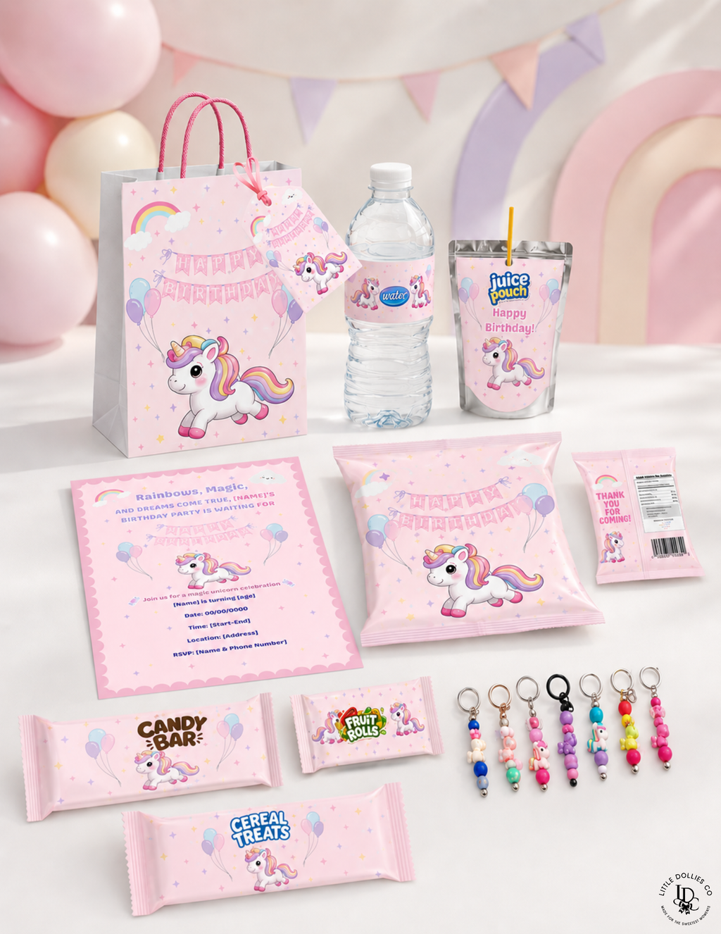 Unicorn Birthday Invitation & Party Favor Bundle Templates