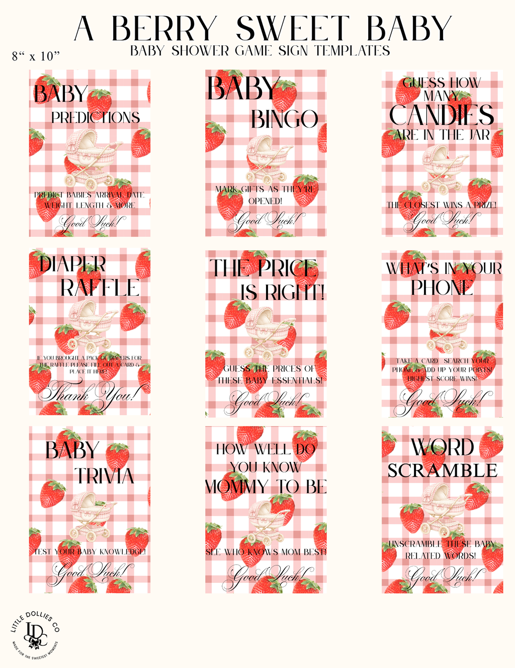Berry Sweet Baby Shower Invitation, Decorations & Games Template Bundle