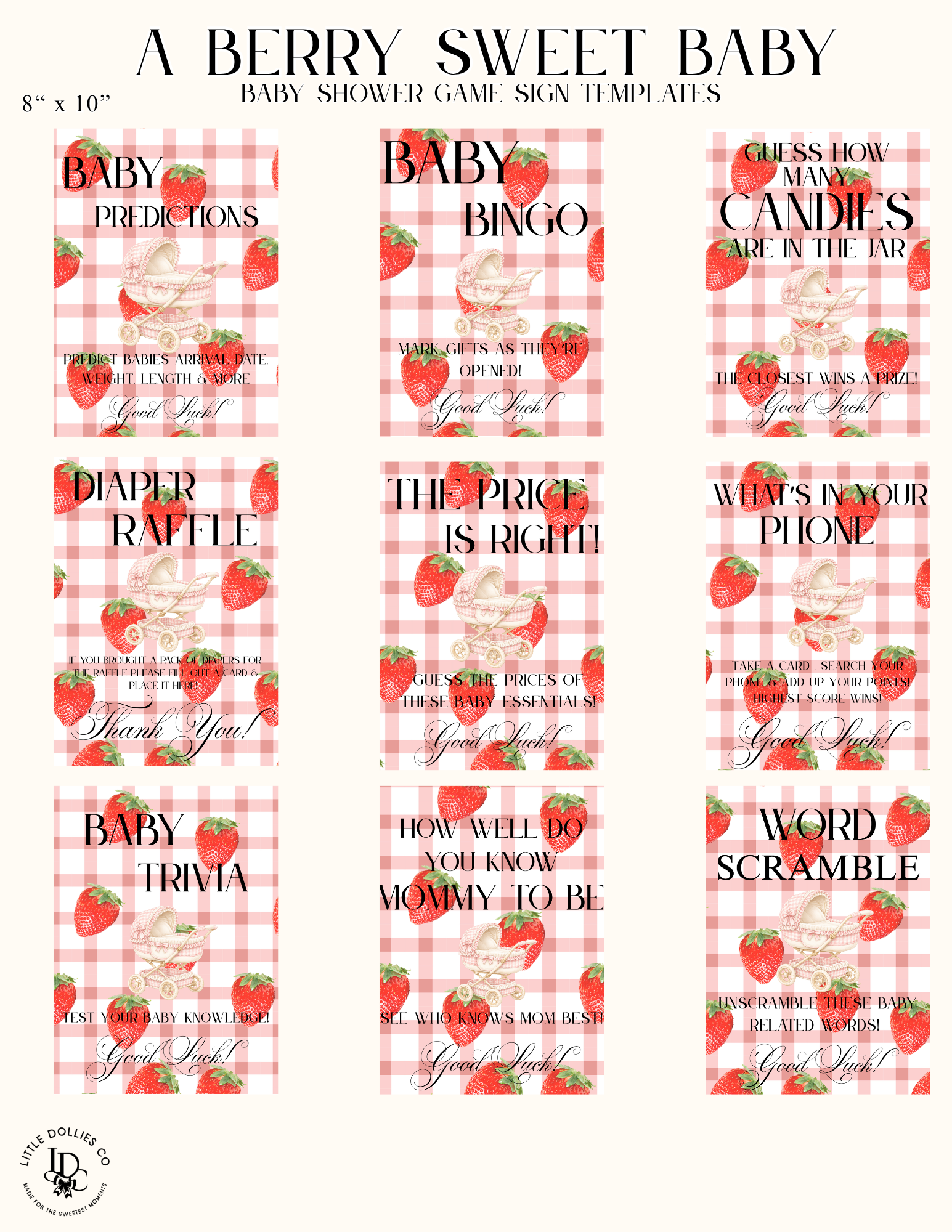 Berry Sweet Baby Shower Invitation, Decorations & Games Template Bundle
