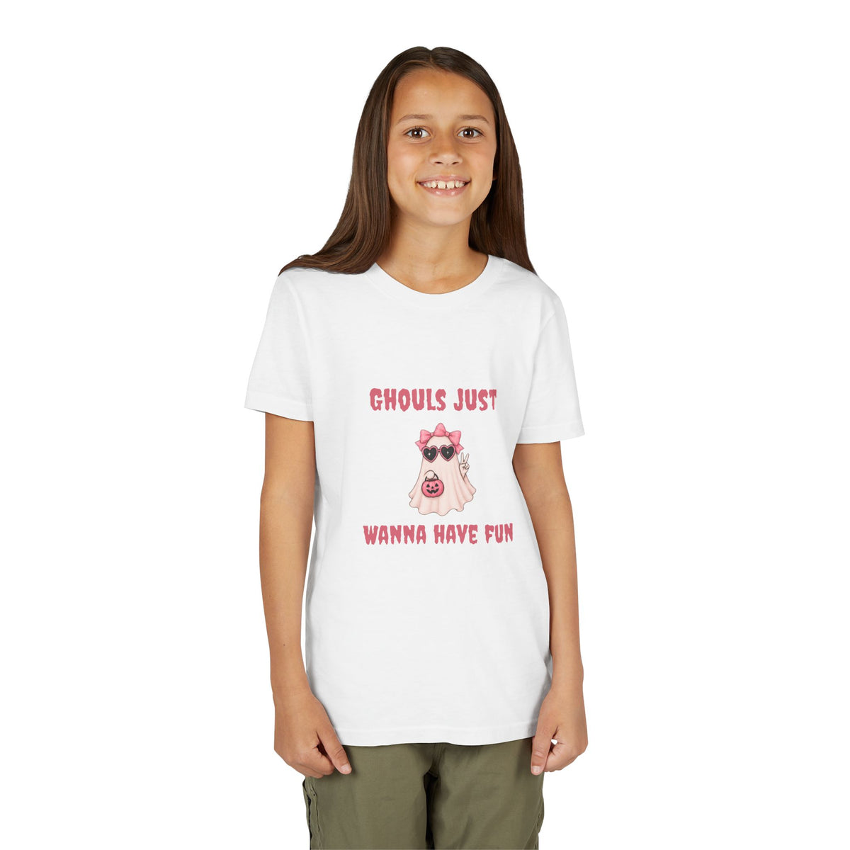 White Girls Halloween tee featuring a pink ghost with bow and pumpkin, perfect for Halloween parties, pumpkin patches and fall photos.