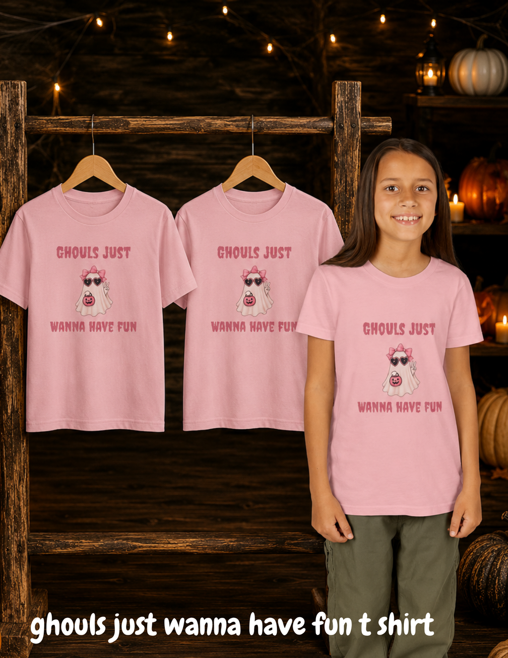Girls Halloween shirt featuring a cute pink ghost, bow, sunglasses and pumpkin with “Ghouls Just Wanna Have Fun” design.